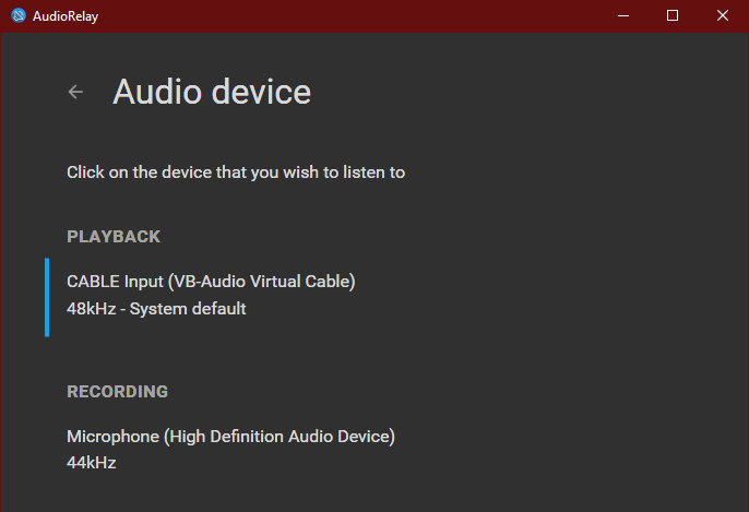 Audio device settings in AudioRelay
